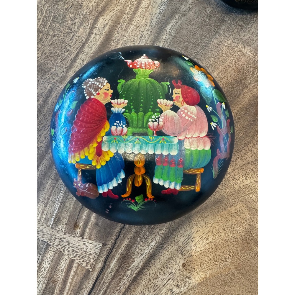 Vintage Russian Lacquer Box Hand Painted Tea Scene Samovar Folk Art Trinket Box